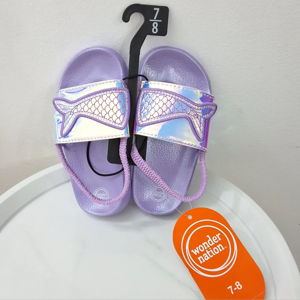 Wonder Nation Kids Girls Purple Mermaid Slides Sandals, Size 7-8, New With Tag